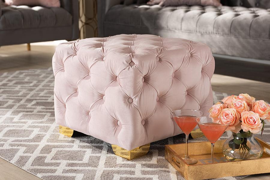 Wholesale Interiors Ottomans & Stools - Avara Glam Light Pink Velvet Fabric Upholstered Gold Finished Button Tufted Ottoman