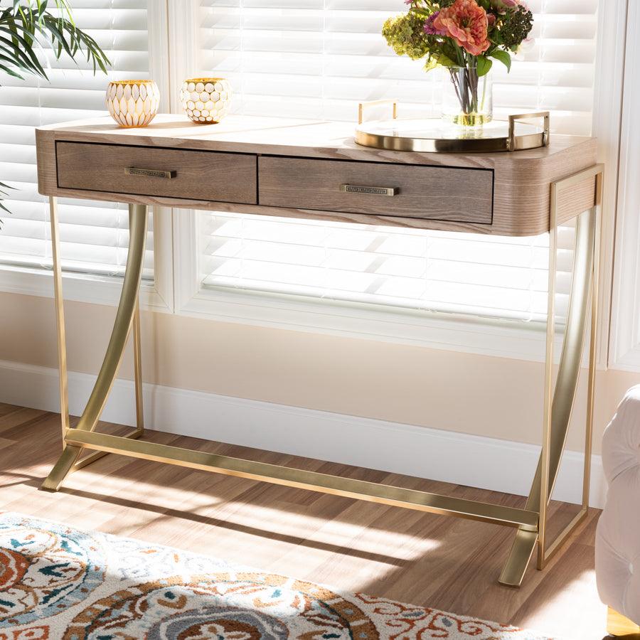 Wholesale Interiors Consoles - Lafoy Natural Brown Finished Wood & Gold Finished 2-Drawer Console Table