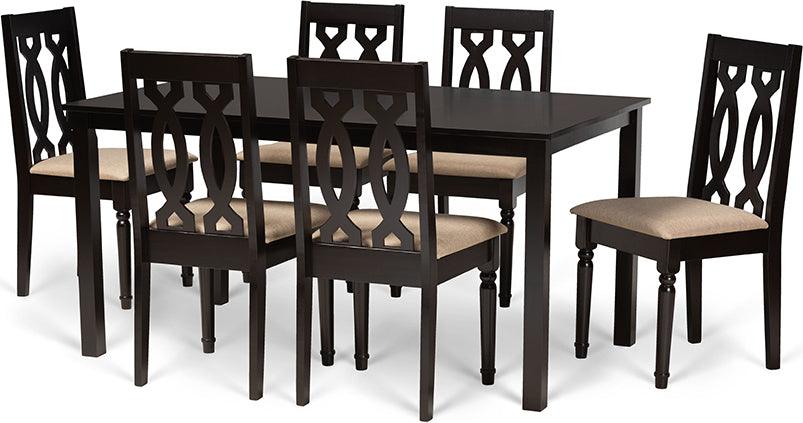 Wholesale Interiors Dining Sets - Cherese Sand Fabric Upholstered and Dark Brown Finished Wood 7-Piece Dining Set