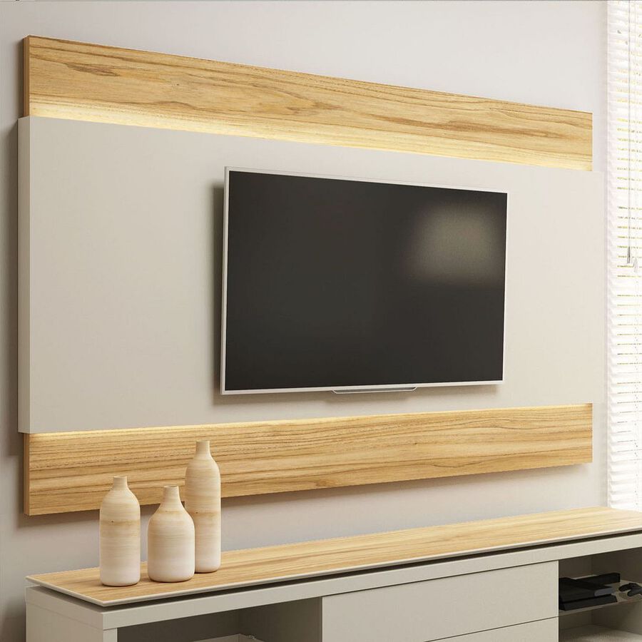 Manhattan Comfort TV & Media Units - Lincoln 85.43" TV Panel with LED Lights in Off White & Cinnamon