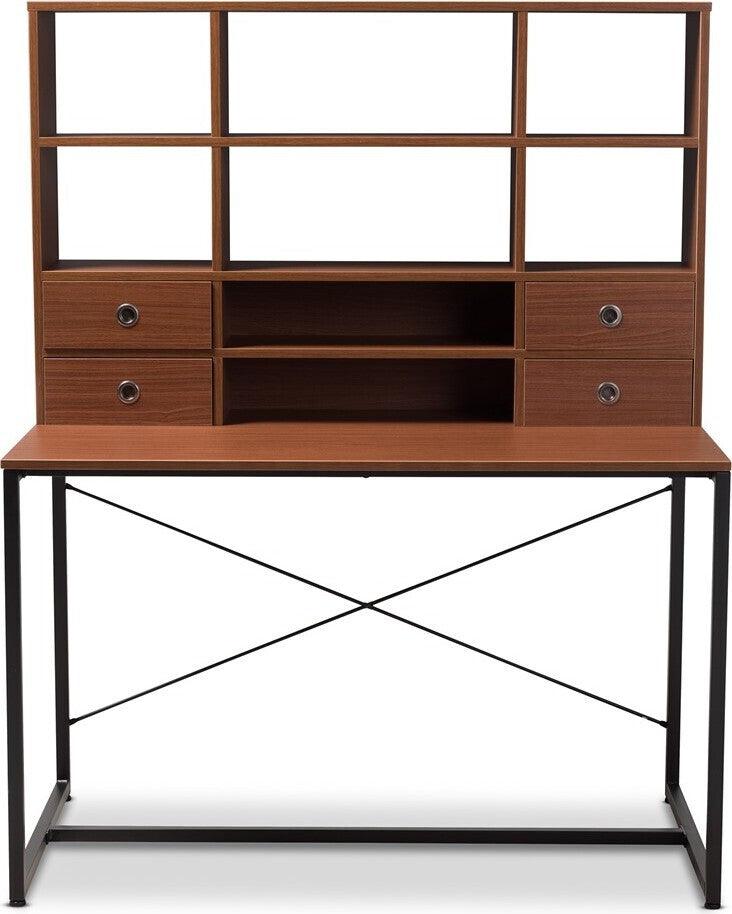 Tobias Mid-Century Modern Two-Tone White and Walnut Brown Finished Wood  Storage Computer Desk with Shelves