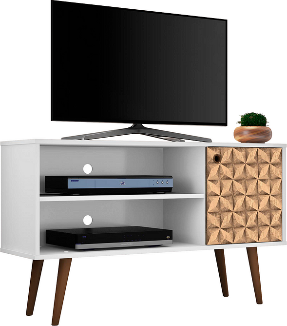 Manhattan Comfort TV & Media Units - Liberty 42.52" Mid-Century - Modern TV Stand with 2 Shelves & 1 Door in White & 3D