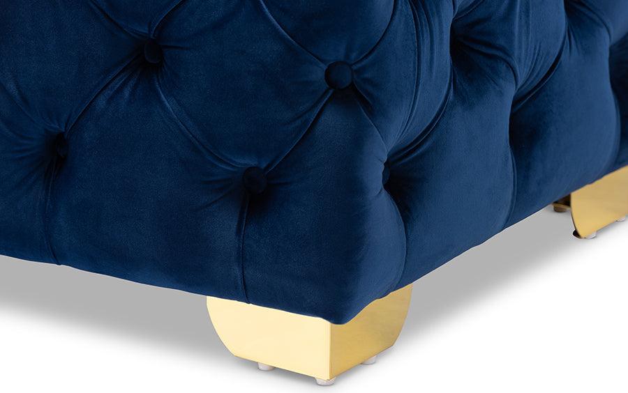 Wholesale Interiors Ottomans & Stools - Avara Royal Blue Velvet Fabric Upholstered Gold Finished Button Tufted Ottoman