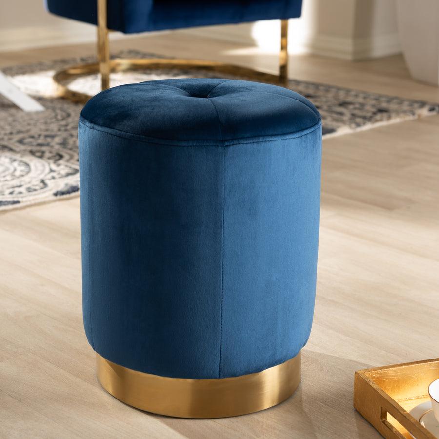 Wholesale Interiors Ottomans & Stools - Alonza Glam Navy Blue Velvet Fabric Upholstered Gold-Finished Ottoman