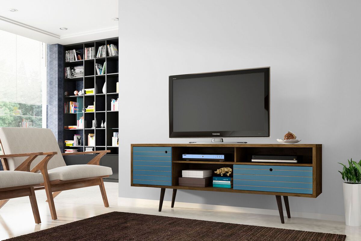 Manhattan Comfort TV & Media Units - Liberty 70.86" Mid-Century - Modern TV St& Rustic Brown & Aqua Blue