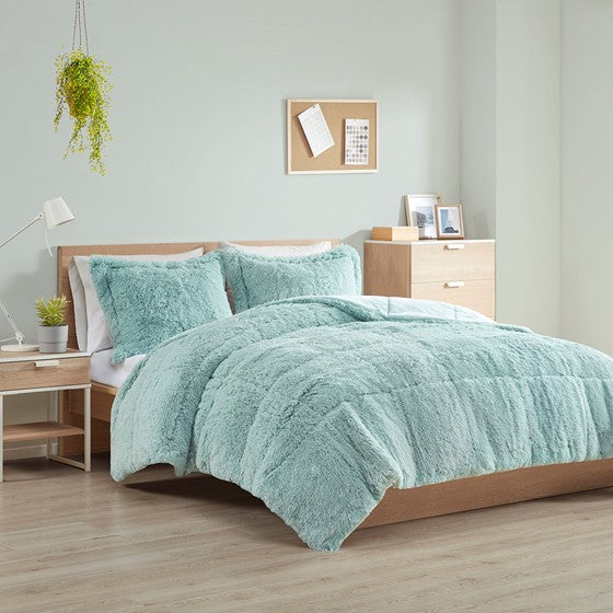 Olliix.com Comforters & Blankets - Shaggy Long Fur Comforter Mini Set Aqua Full/Queen