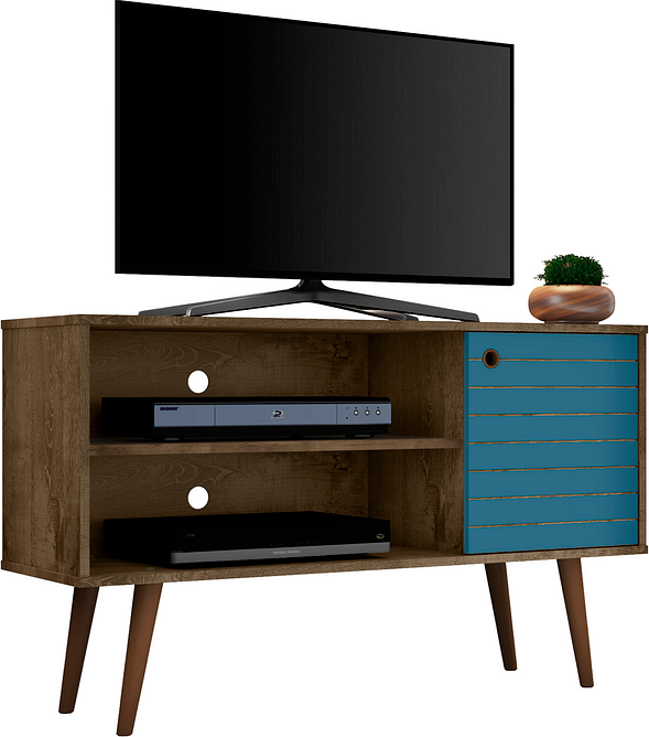 Manhattan Comfort TV & Media Units - Liberty 42.52" Mid-Century - Modern TV Stand with 2 Shelves & 1 Door in Rustic Brown & Aqua Blue