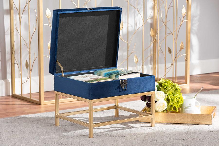 Wholesale Interiors Ottomans & Stools - Aliana Navy Blue Velvet Fabric Upholstered and Gold Finished Metal Small Storage Ottoman