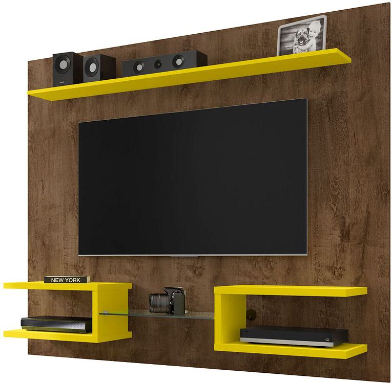 Manhattan Comfort TV & Media Units - Plaza 64.25 Modern Floating Wall Entertainment Center with Display Shelves in Rustic Brown & Yellow