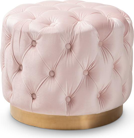 Wholesale Interiors Ottomans & Stools - Valeria Glam Light Pink Velvet Fabric Upholstered Gold-Finished Button Tufted Ottoman