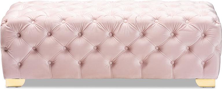 Wholesale Interiors Ottomans & Stools - Avara Light Pink Velvet Gold Finished Button Tufted Bench Ottoman