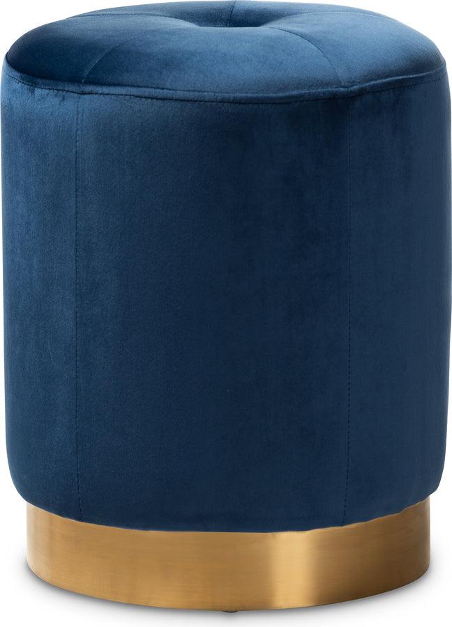 Wholesale Interiors Ottomans & Stools - Alonza Glam Navy Blue Velvet Fabric Upholstered Gold-Finished Ottoman