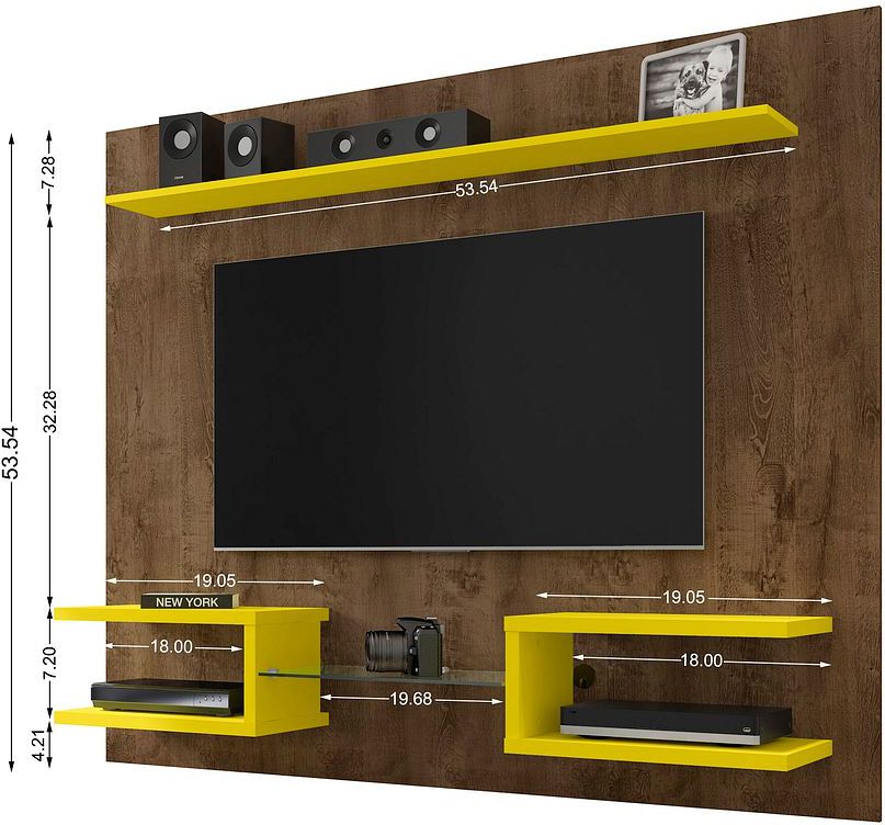 Manhattan Comfort TV & Media Units - Plaza 64.25 Modern Floating Wall Entertainment Center with Display Shelves in Rustic Brown & Yellow