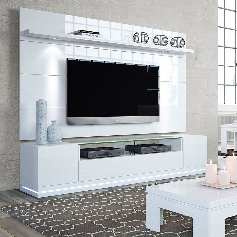 Manhattan Comfort TV & Media Units - Vanderbilt TV Stand & Cabrini 2.2 Floating Wall TV Panel with LED Lights in White Gloss