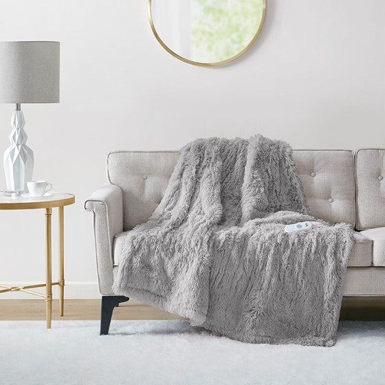 Olliix.com Heated Blankets - Shaggy Faux Fur Heated Throw Grey