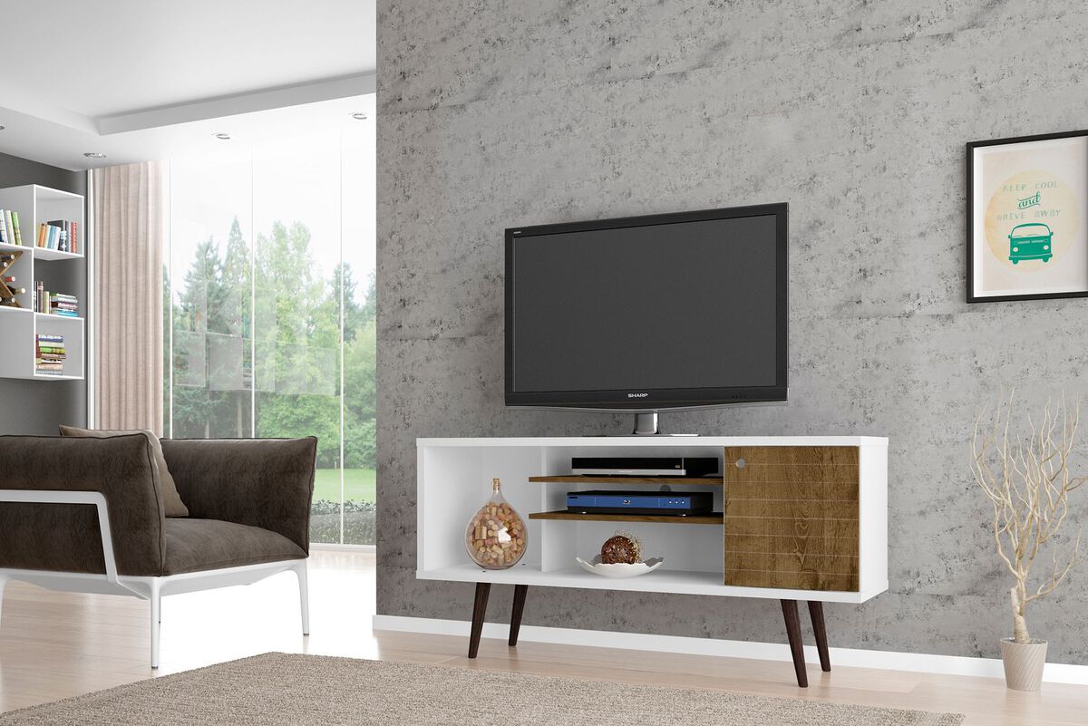 Manhattan Comfort TV & Media Units - Liberty 53.14" Mid-Century - Modern TV St& White & Rustic Brown