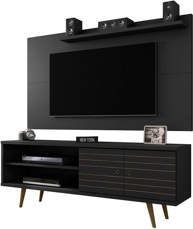 Manhattan Comfort TV & Media Units - Liberty 62.99 Mid-Century Modern TV Stand & Panel with Solid Wood Legs in Black