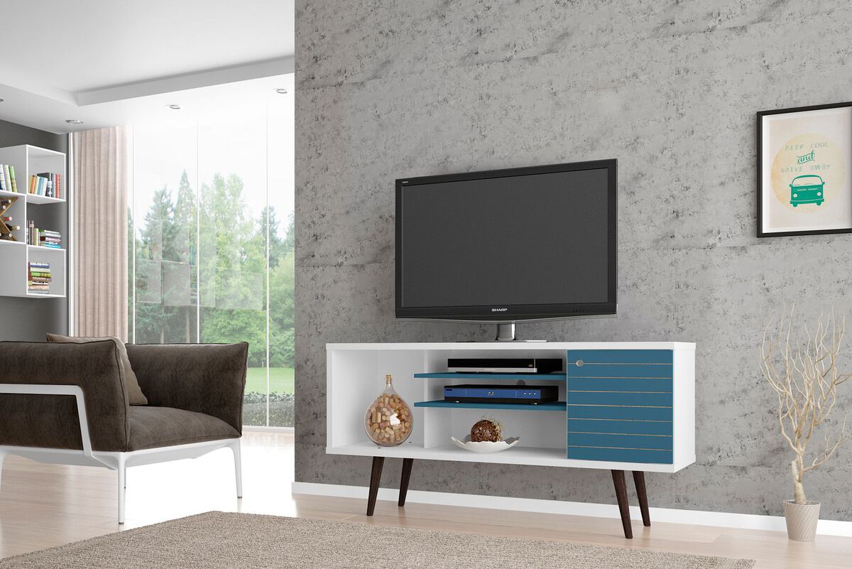 Manhattan Comfort TV & Media Units - Liberty 53.14" Mid-Century - Modern TV St& White & Aqua Blue