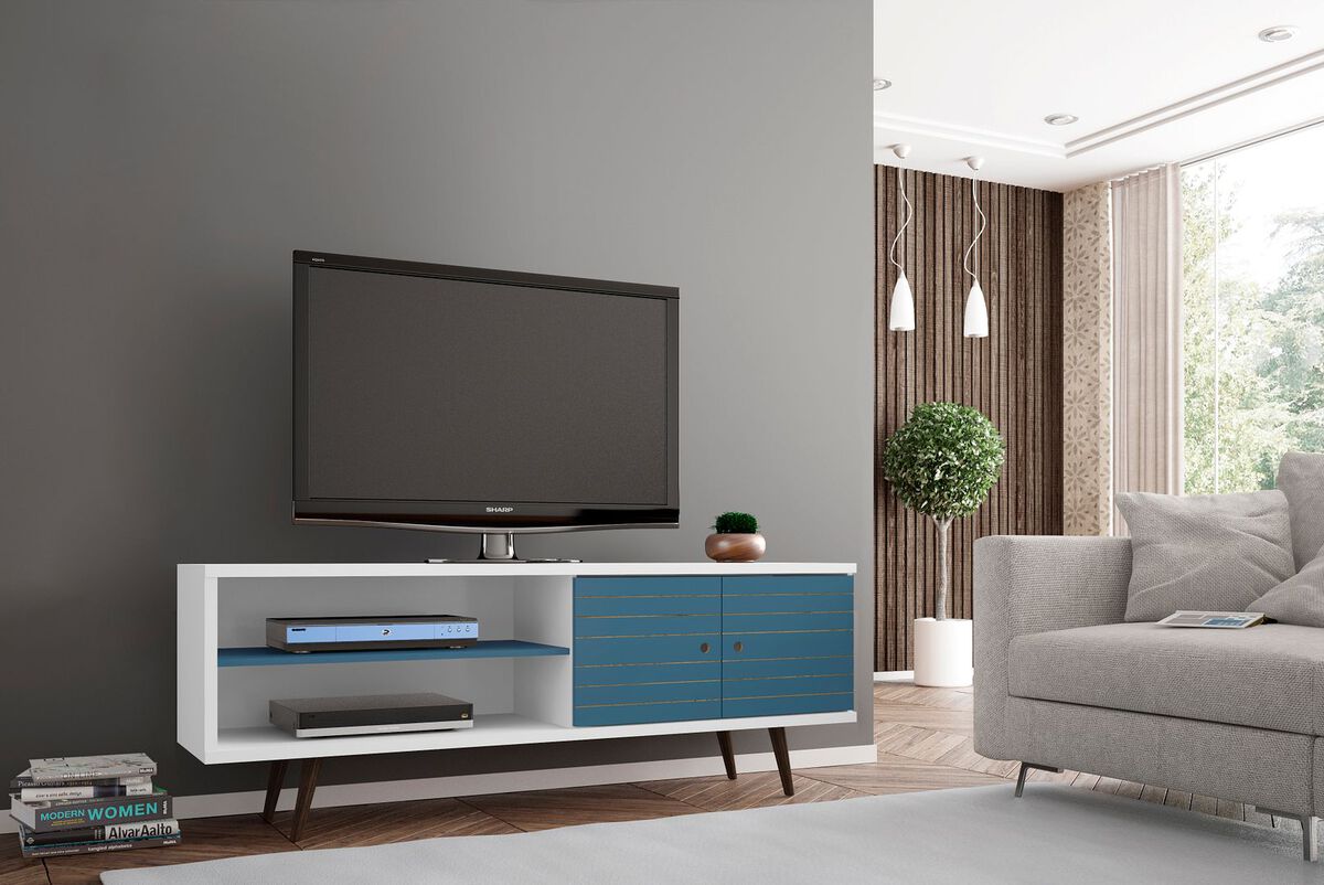 Manhattan Comfort TV & Media Units - Liberty 62.99" Mid-Century - Modern TV St& White & Aqua Blue