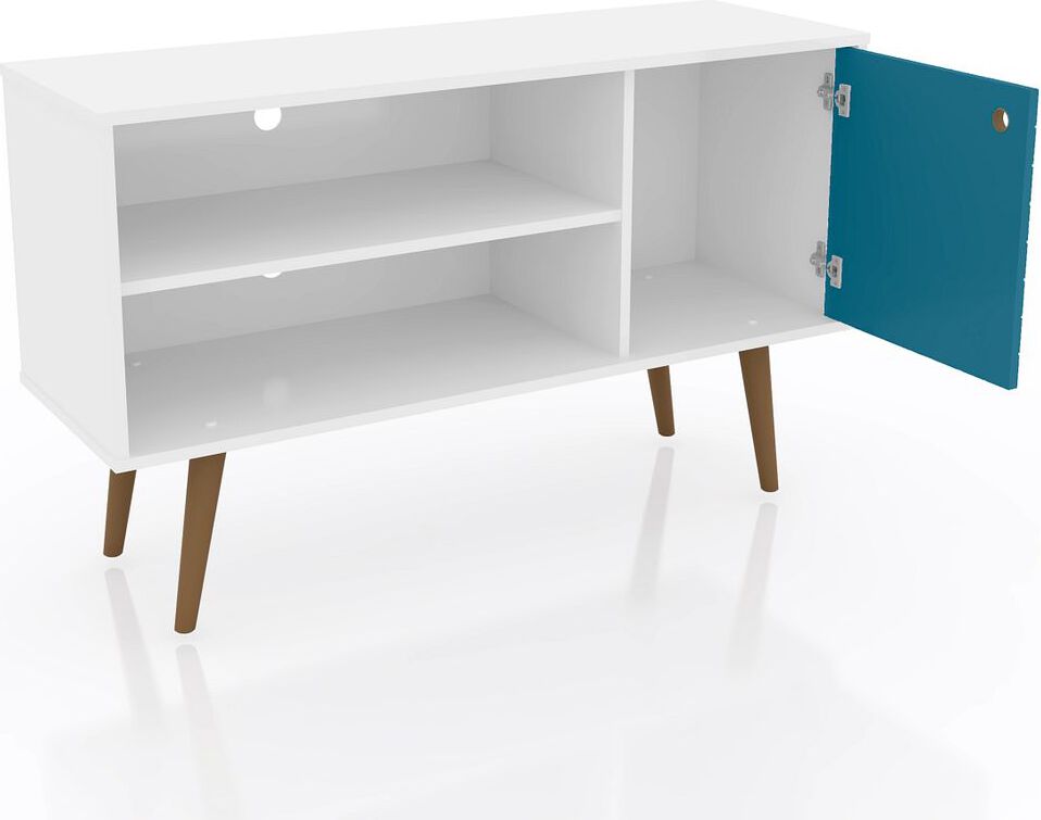 Manhattan Comfort TV & Media Units - Liberty 42.52" Mid-Century - Modern TV Stand with 2 Shelves & 1 Door in White & Aqua Blue