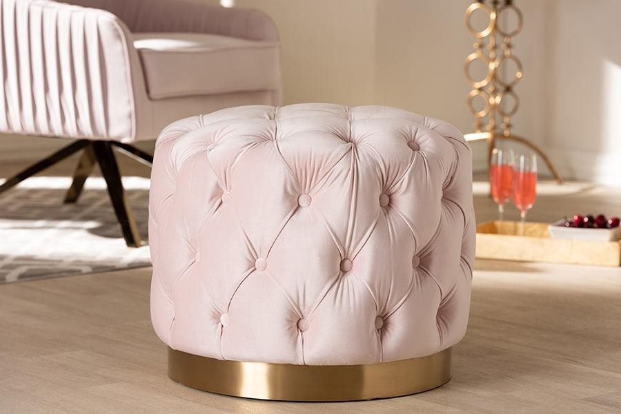 Wholesale Interiors Ottomans & Stools - Valeria Glam Light Pink Velvet Fabric Upholstered Gold-Finished Button Tufted Ottoman