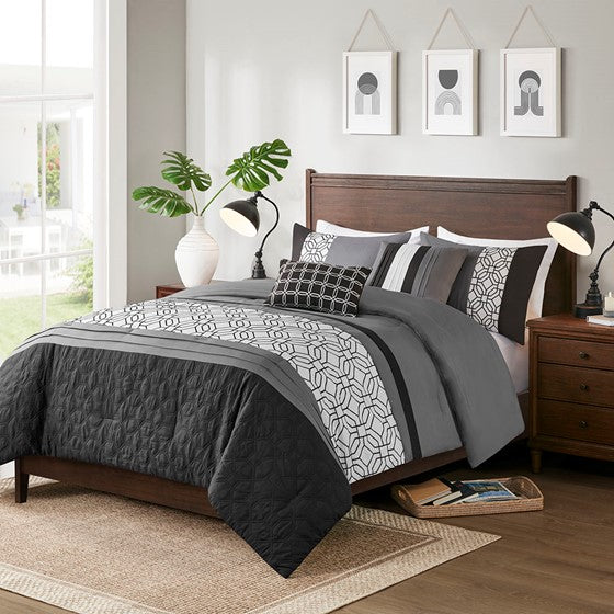 Olliix.com Comforters & Blankets - Embroidered 5 Piece Comforter Set Black Cal King