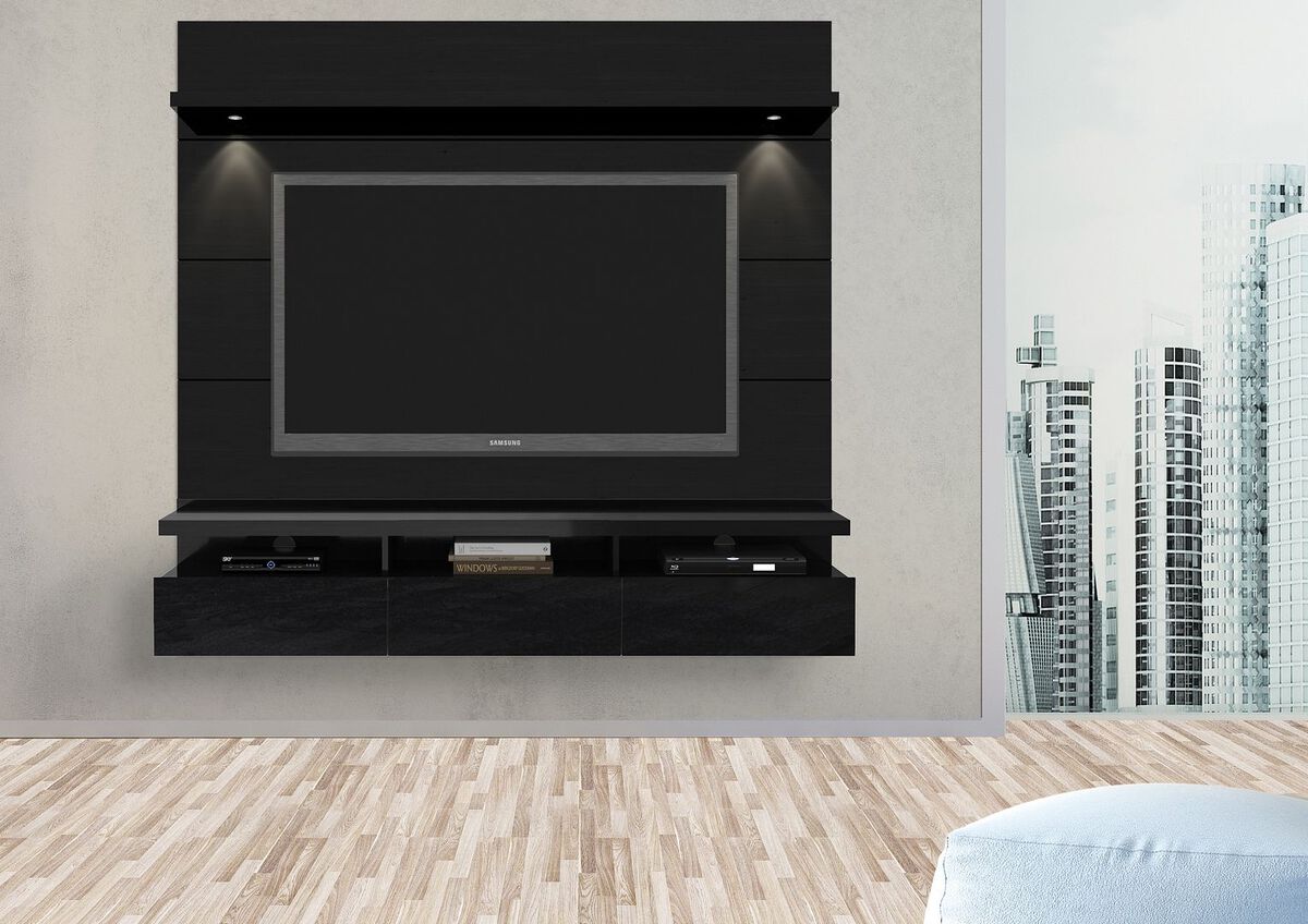 Manhattan Comfort | Cabrini 1.8 Floating Wall Theater Entertainment Center in Black Gloss & Black Matte