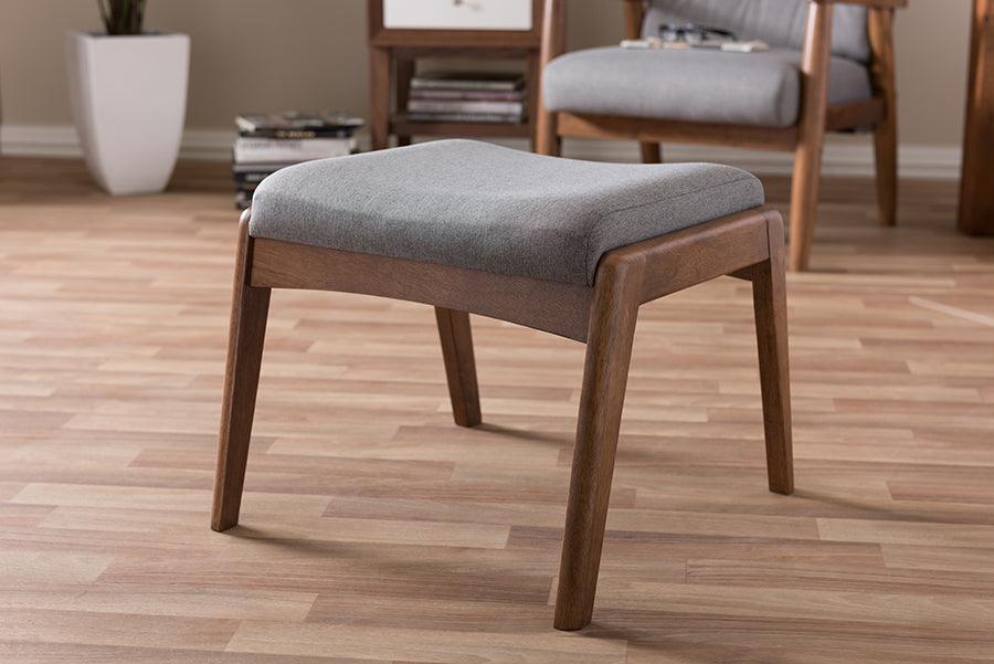 Wholesale Interiors Ottomans & Stools - Roxy Mid-Century Modern Walnut Wood Finishing and Gray Fabric Upholstered Ottoman