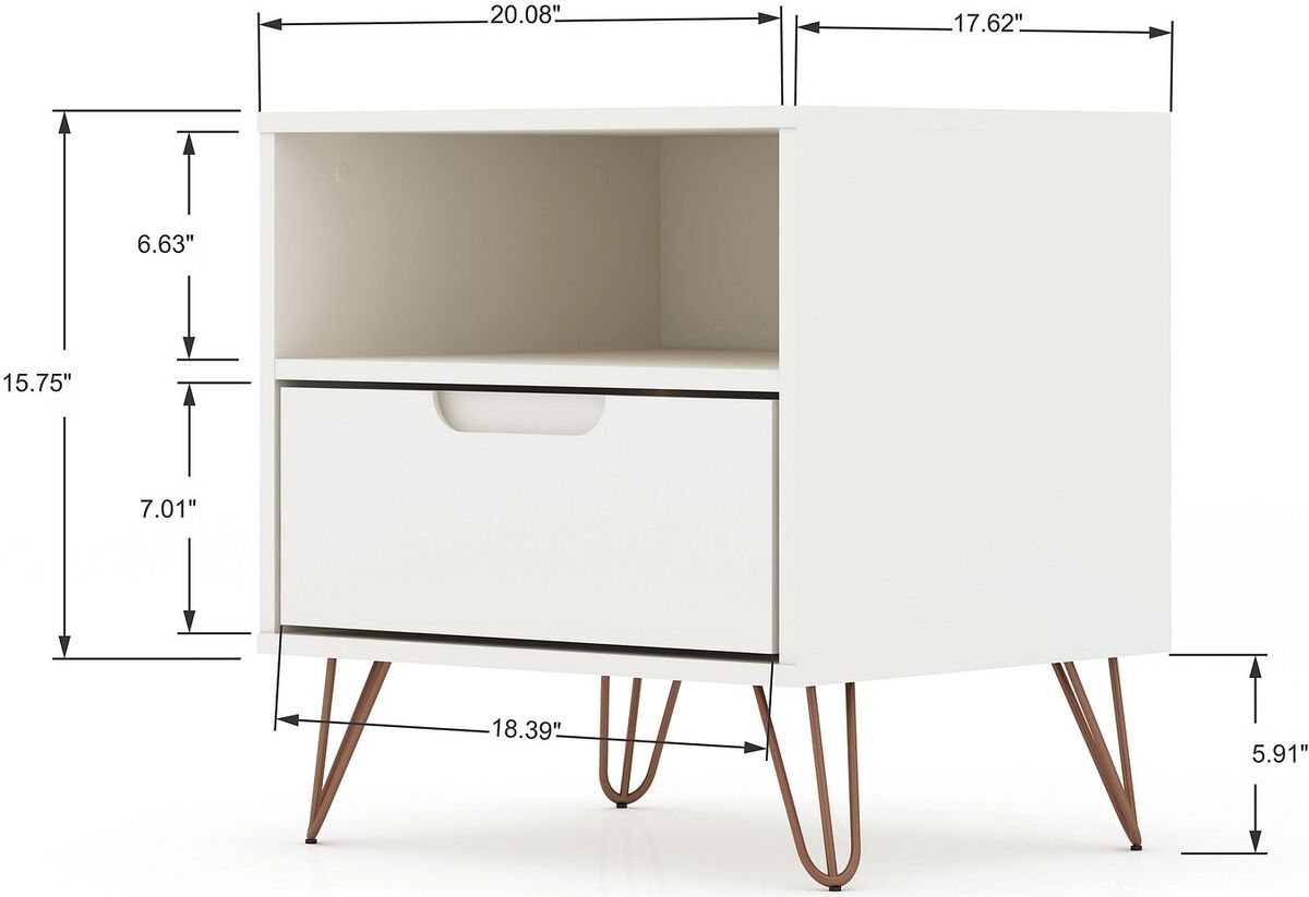 Manhattan Comfort Nightstands & Side Tables - Rockefeller 1.0 Mid-Century- Modern Nightstand with 1-Drawer in White