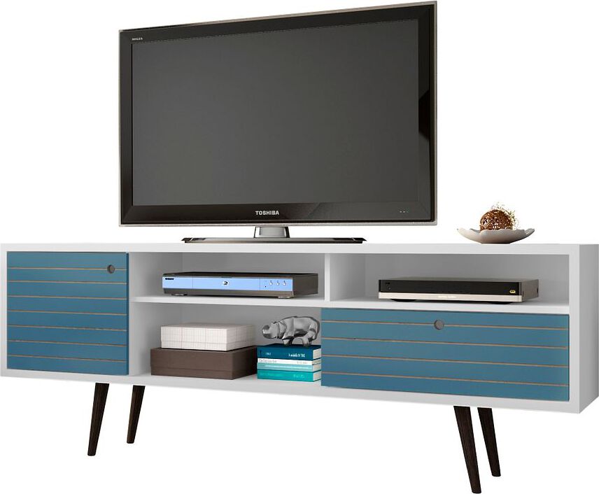 Manhattan Comfort TV & Media Units - Liberty 70.86" Mid-Century - Modern TV Stand with 4 Shelving Spaces & 1 Drawer in White & Aqua Blue