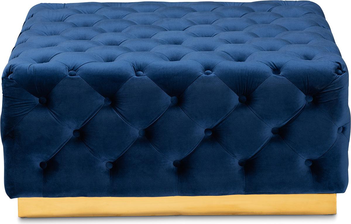 Wholesale Interiors Ottomans & Stools - Verene Glam & Luxe Royal Blue Velvet Gold Finished Square Cocktail Ottoman