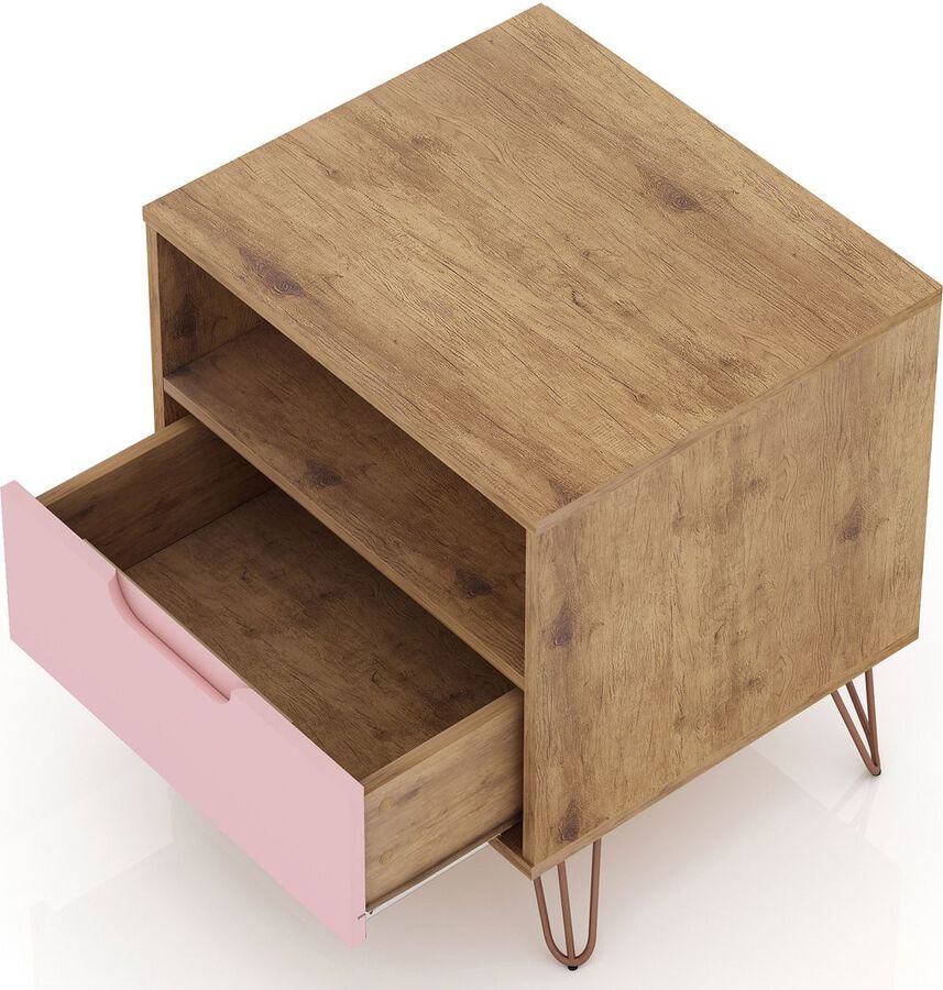 Manhattan Comfort Nightstands & Side Tables - Rockefeller 1.0 Mid-Century- Modern Nightstand with 1-Drawer in Nature and Rose Pink