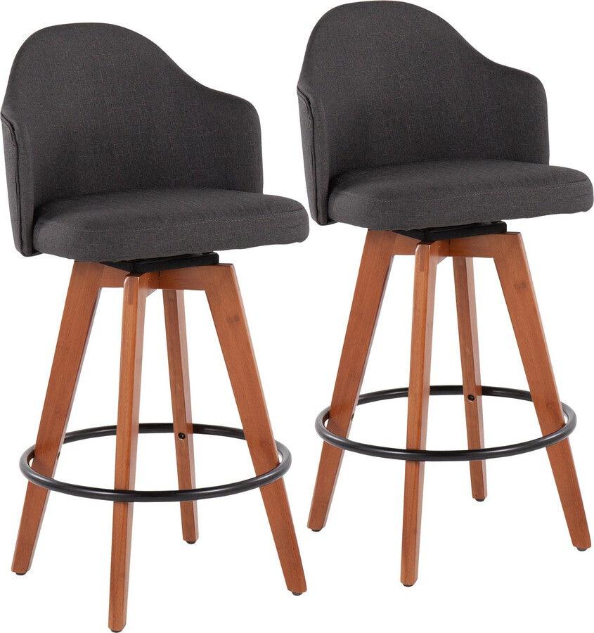 Lumisource Barstools - Ahoy Counter Stool With Walnut Bamboo Legs & Round Black Metal Footrest With Charcoal (Set of 2)