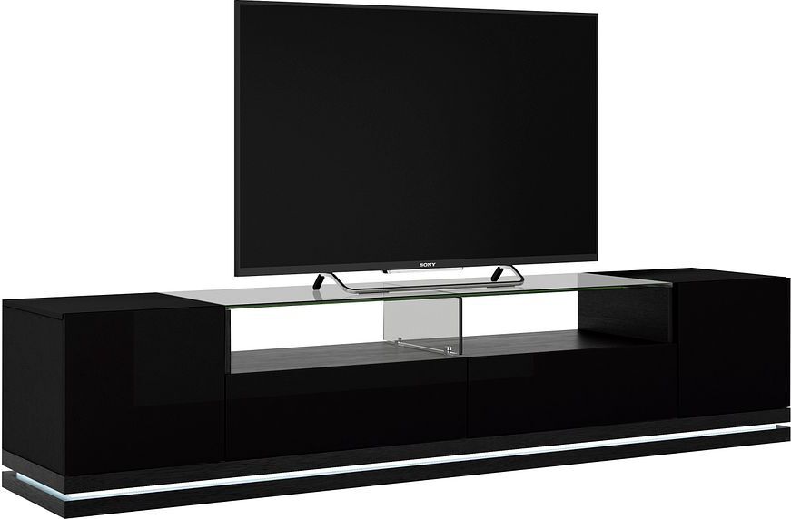 Manhattan Comfort TV & Media Units - Vanderbilt TV Stand and Cabrini 2.2 Floating Wall TV Panel in Black Gloss and Black Matte