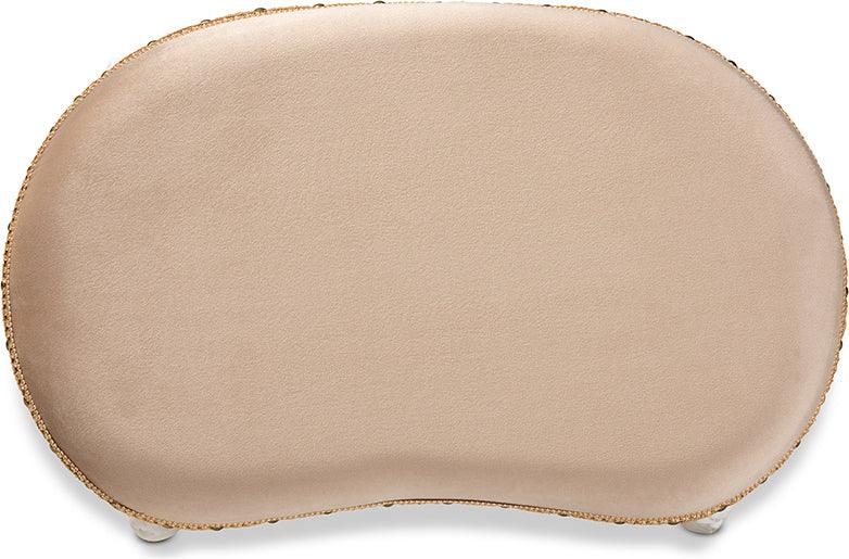 Wholesale Interiors Ottomans & Stools - Gabrielle French Provincial Sand Velvet Fabric Upholstered White-Finished Wood Vanity Ottoman