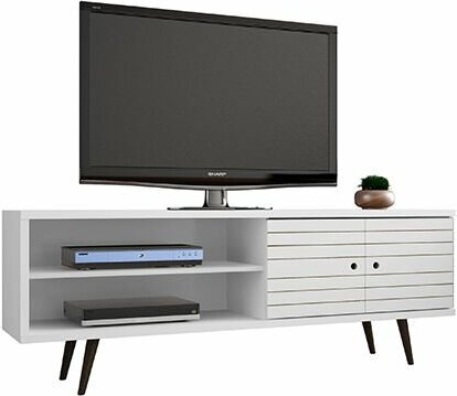 Manhattan Comfort TV & Media Units - Liberty 62.99" Mid-Century - Modern TV Stand with 3 Shelves & 2 Doors in White with Solid Wood Legs