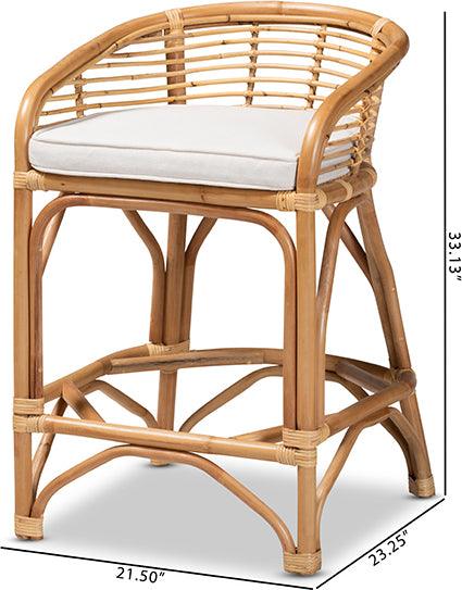 Wholesale Interiors Barstools - Maverick Modern Bohemian White Fabric Upholstered and Natural Brown Rattan Counter Stool