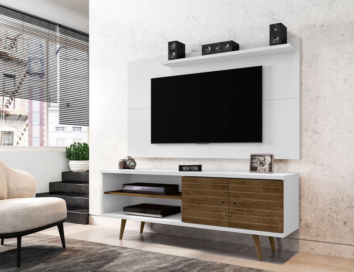 Manhattan Comfort TV & Media Units - Liberty 62.99 Mid-Century Modern TV Stand & Panel with Solid Wood Legs in White & Rustic Brown