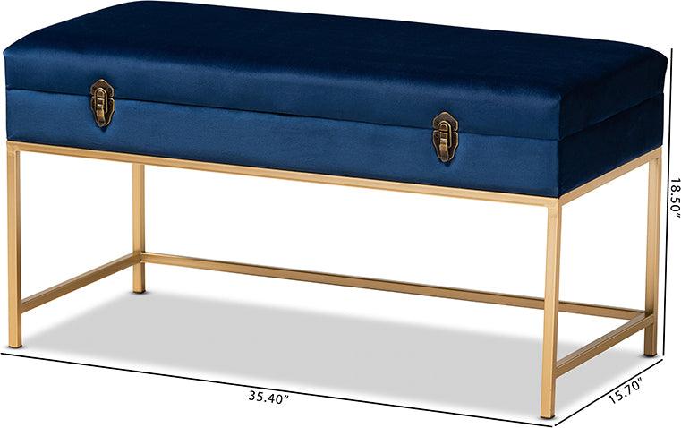 Wholesale Interiors Ottomans & Stools - Aliana Navy Blue Velvet Fabric Upholstered and Gold Finished Metal Large Storage Ottoman