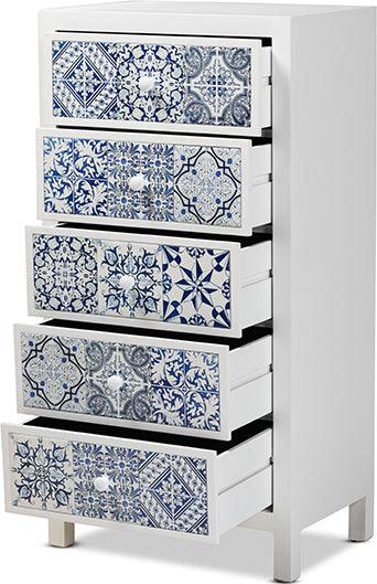 Wholesale Interiors Buffets & Cabinets - Alma Spanish Inspired White Wood and Blue Floral Tile Style 5-Drawer Accent Storage Cabinet