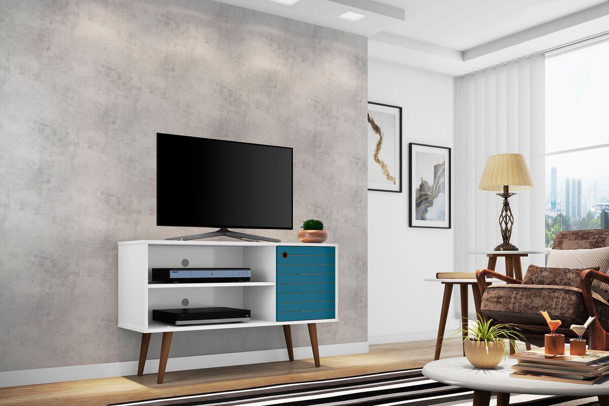 Manhattan Comfort TV & Media Units - Liberty 42.52" Mid-Century - Modern TV Stand with 2 Shelves & 1 Door in White & Aqua Blue