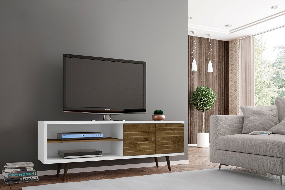 Manhattan Comfort TV & Media Units - Liberty 62.99" Mid-Century - Modern TV St& White & Rustic Brown