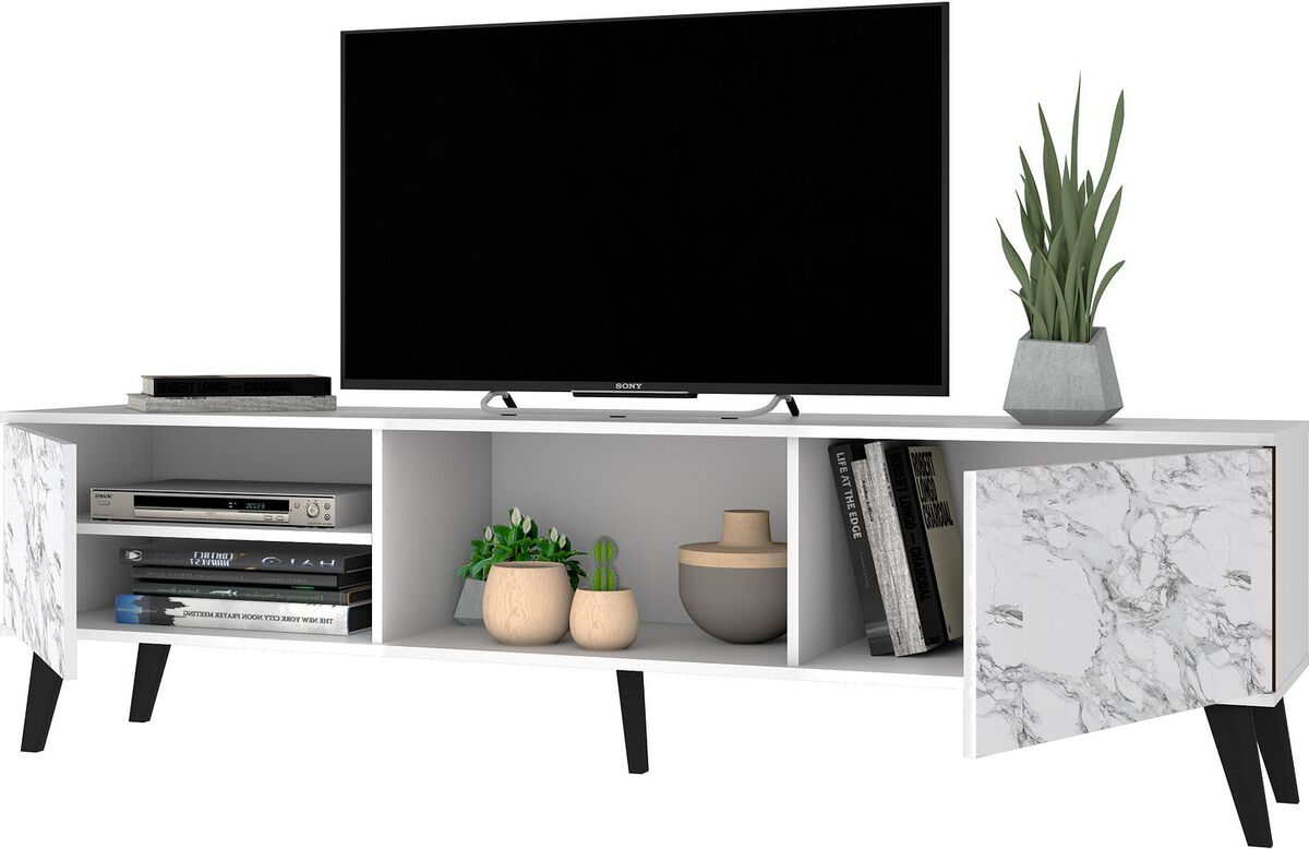 Manhattan Comfort TV & Media Units - Doyers 70.87 Mid-Century Modern TV Stand in White & Marble Stamp