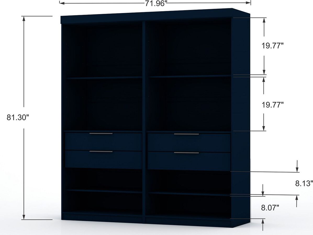 Manhattan Comfort Cabinets & Wardrobes - Mulberry Open 2 Sectional Modern Wardrobe Closet with 4 Drawers - Set of 2 in Tatiana Midnight Blue