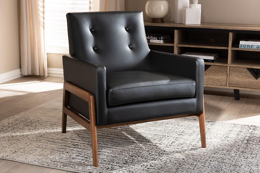 Wholesale Interiors Accent Chairs - Perris Mid-Century Modern Black Faux Leather Upholstered Walnut Wood Lounge Chair