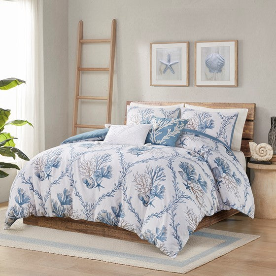 Olliix.com Duvet & Duvet Sets - 5 Piece Cotton Duvet Cover Set with Throw Pillows Blue/White Cal King