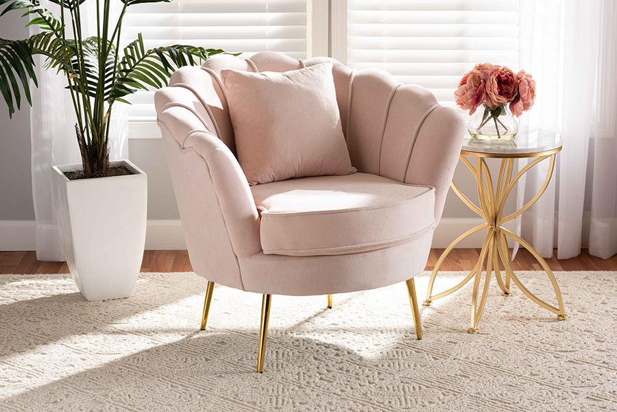 Wholesale Interiors Accent Chairs - Garson Glam and Luxe Blush Pink Velvet Fabric Upholstered and Gold Metal Finished Accent Chair