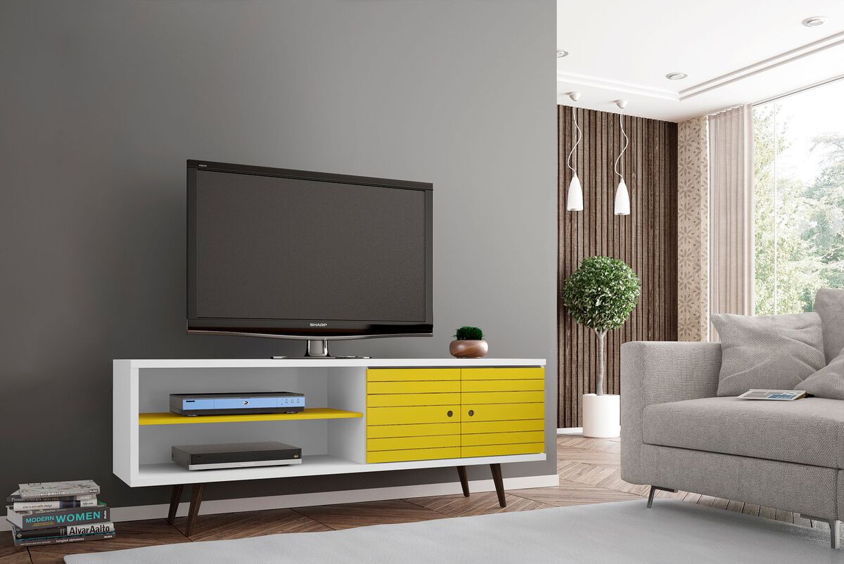 Manhattan Comfort TV & Media Units - Liberty 62.99" Mid-Century - Modern TV St& White & Yellow