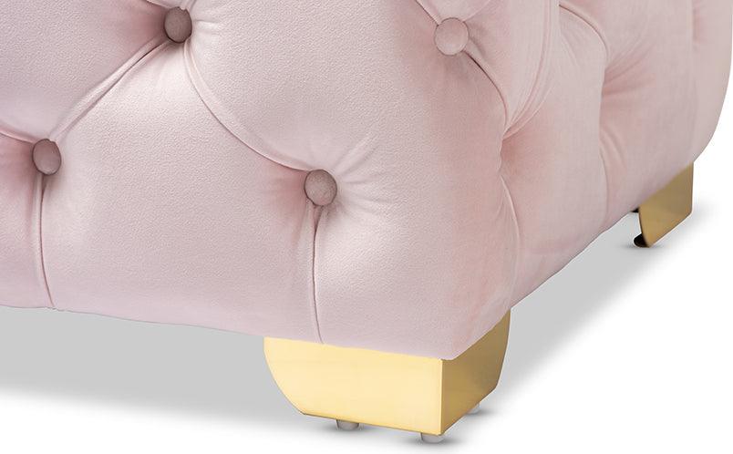 Wholesale Interiors Ottomans & Stools - Avara Glam Light Pink Velvet Fabric Upholstered Gold Finished Button Tufted Ottoman