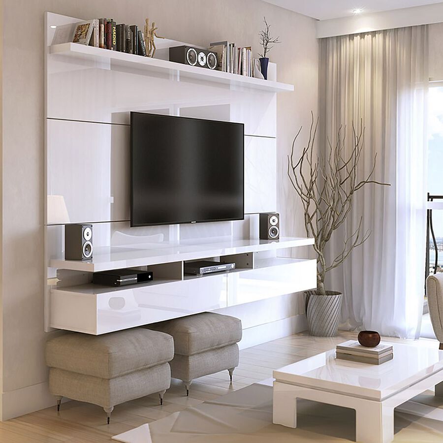 Manhattan Comfort TV & Media Units - City 62.99 Modern Floating Entertainment Center with Media Shelves in White Gloss